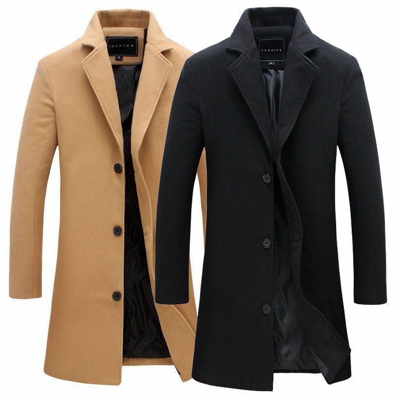 Men Single Breasted Long Jacket Trench Coat Artificia Wool Overcoat Warm Outwear