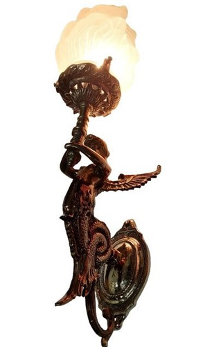 Mermaid Antique Art Nouveau Brass Wall Sconces Vintage Light Fixture - Set of 2 - Picture 5 of 7