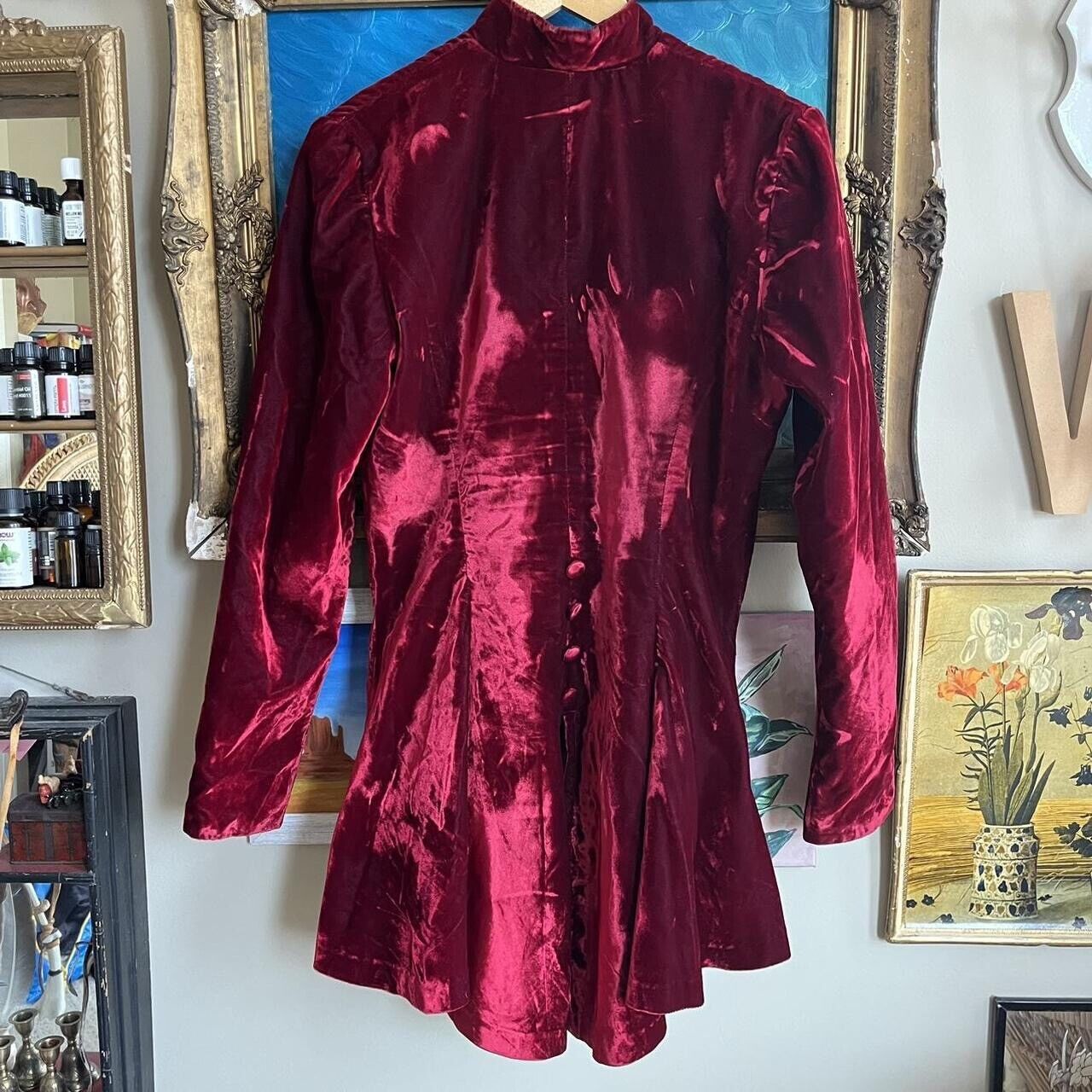 1970s Victorian Waistcoat Coat Red Crushed Velvet… - image 4