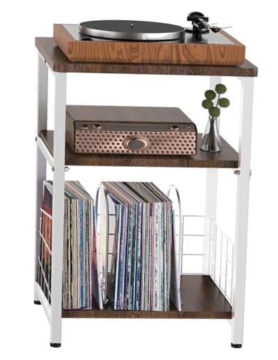 3 Tier White Vinyl Record Player Stand with Storage Side Table