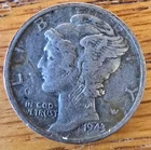 1943-D Silver Mercury Dime, 2.25g Silver (0.900), Krause #140