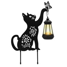 Yard Decorations, Black Metal Cat Stake with Solar Light for Outdoor, Cat Gar...