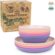 Wheat Straw Kids Plates and Bowls Sets - 8-Piece Unbreakable Dishwasher & Microw