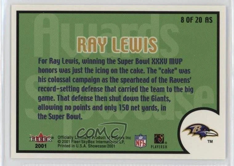 2001 Fleer Showcase Awards Showcase Ray Lewis #8AS HOF - Image 2 of 2