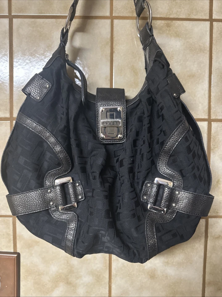 Guess Women’s Purse, Black Leather Canvas Strappy Hobo Shoulder 90’s Retro Y2K - Image 2 of 4
