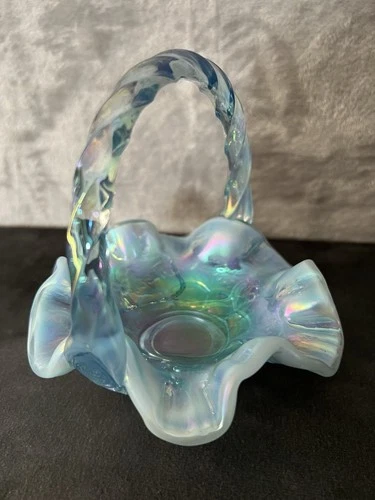 Vintage Fenton Blue Iridescent Art Glass Basket Twisted Handle Ruffled Rim