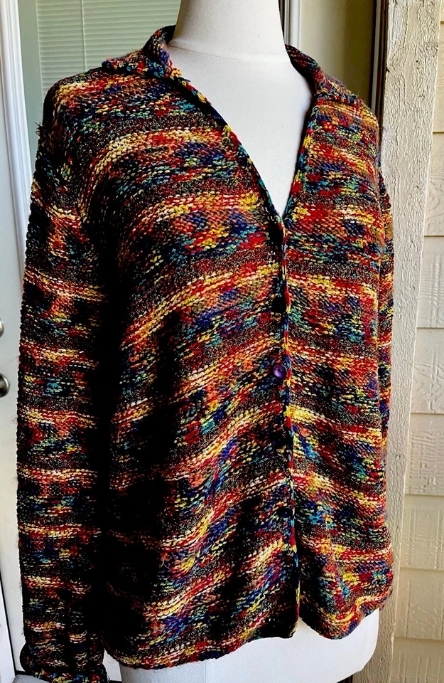 Vintage 90s Funky Rainbow Hand Knit Multicolor Cardigan Sweater Boho Cottagecore - Image 2 of 4