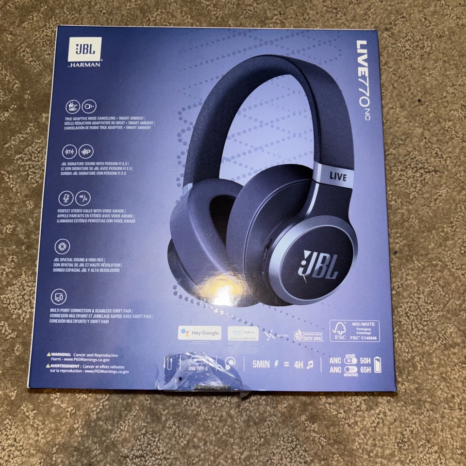 Auriculares inalámbricos sobre la oreja JBL Live 770NC azules con cancelación de ruido adaptativa Foto 2 de 3