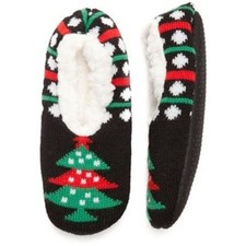 New Directions Black Christmas Tree Knit Sock Grip Sole Slippers w/Fur Lining