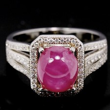 925 STERLING SILVER NATURAL PINK RED RUBY OVAL CABOCHON  WHITE CZ RING SIZE 10