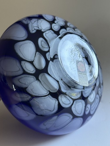 Vintage Art Glass Vase Poland Hand Blown Blue White Cased Glass Tarnowiec 8”D - Picture 2 of 18