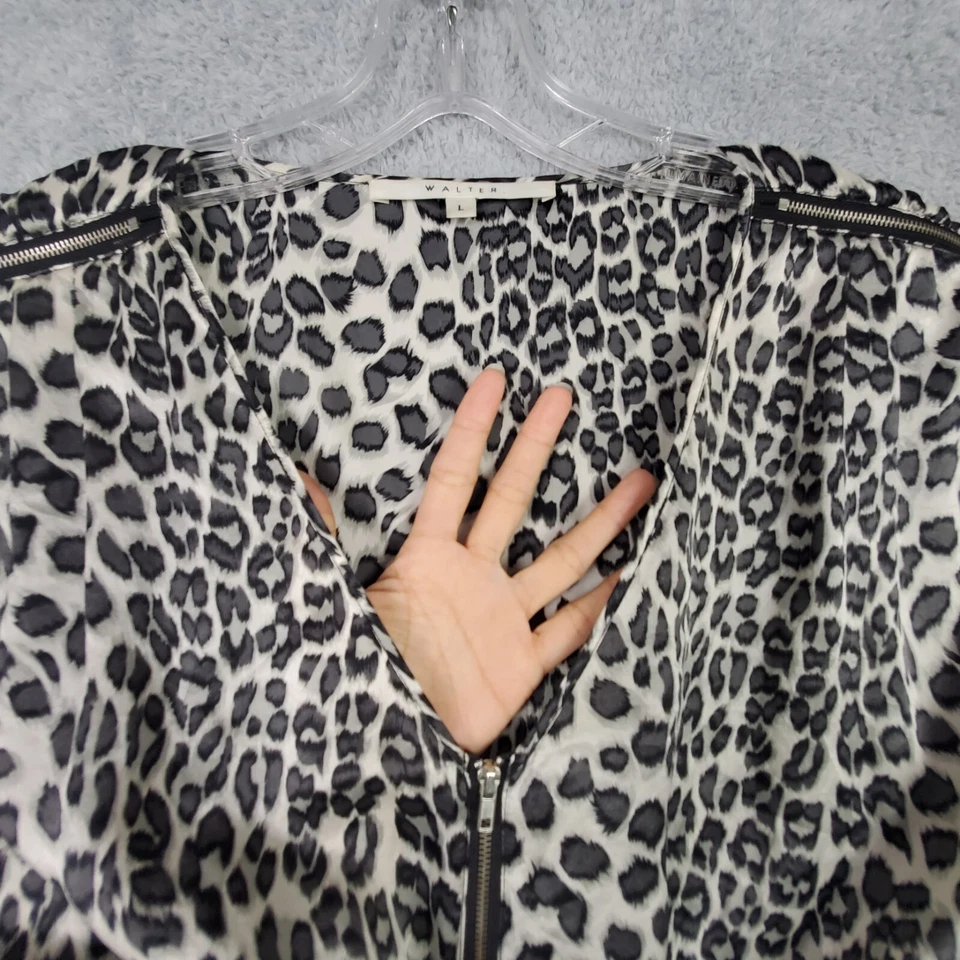 Top de seda para mujer L negro cuello en V manga gorra estampado animal cremallera hombro ligero Foto 2 de 4