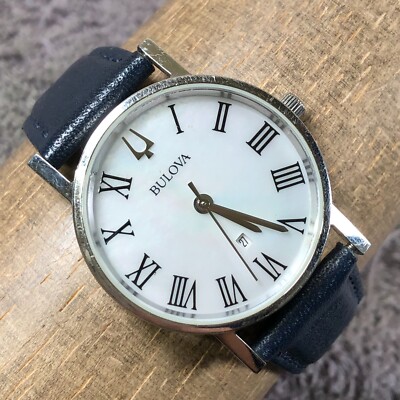 Bulova Women 96M146 Dress MOP Dial Date Leather Quartz Analog 32mm Watch 6 3/4''