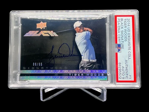 2014 UD Exquisite Collection Tiger Woods Black Signatures /65 PSA 9 #1 On Card