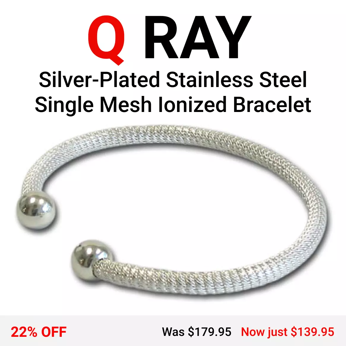 Q Ray Silver Single Mesh Stainless Steel Ionized Bracelet NEW IN