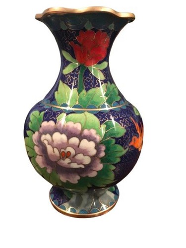 Deep Blue Cloisonne Vase Asian Style Peony Flower Gold Accents and Bird 6" - 第 1/10 張圖片