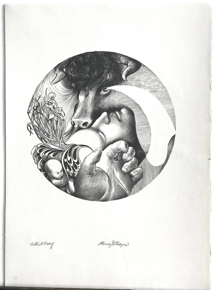 H. Regis TAURUS Signed Hand Drawn Lithograph, Fantasy Portrait, Zodiac, Bull - Image 3 of 3