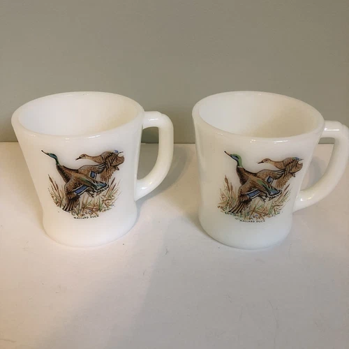 Set of 2 Vintage Fire King Coffee Mugs Mallard Duck Hunting milk glass USA