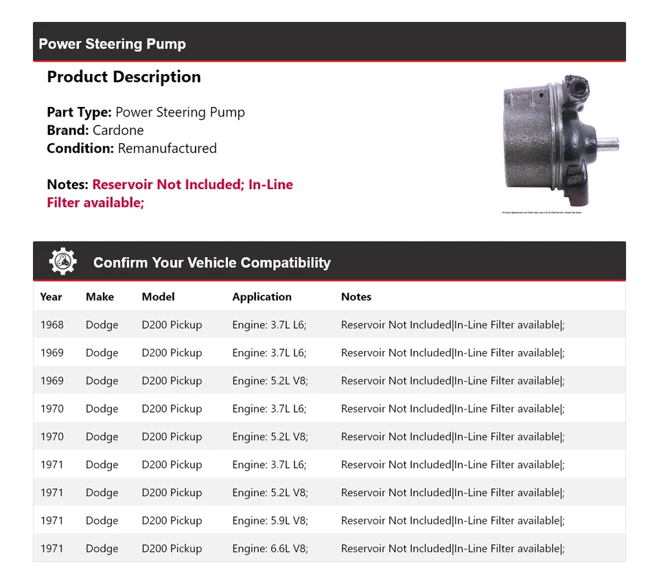 Bomba de dirección asistida Cardone 1969 1970 para camioneta Dodge D200 1968-1971 Foto 2 de 4