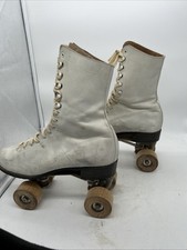 VTG Chicago/JC Higgins White Leather Skates Wood Wheels W/ Key Wrench Size 8