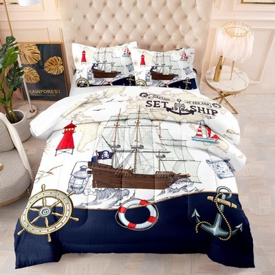 DYcolor 3D Nautical Ocean Bedding Quilt, 3Piece Ship Helms Coastal Landscape ...
