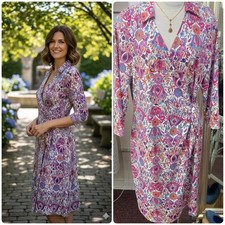 Talbots Paisley Print Pink 3/4 Sleeve Fall V-Neck Dress size small women’s