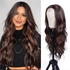 Long Dark Brown Mixed Blonde Highlight Wavy Wig Ombre Brown wigs for Women 26...