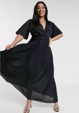 ASOS Black Kimono Pleated V-Neck Maxi Dress Plus Size 16 Flutter Sleeve