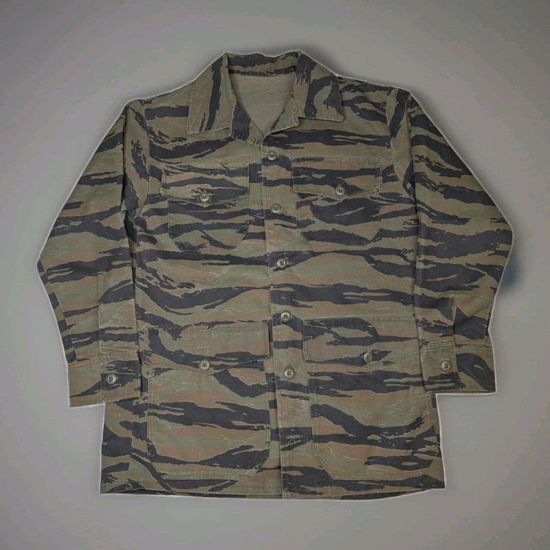 Vintage Tiger Stripe Camo Military Long Sleeve Canvas Shirt 80s Vietnam Large
