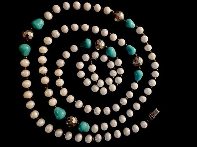 Vintage Sign CORO Faux White Pearl W/Turquoise & Silver Bead 44  Necklace NK#36