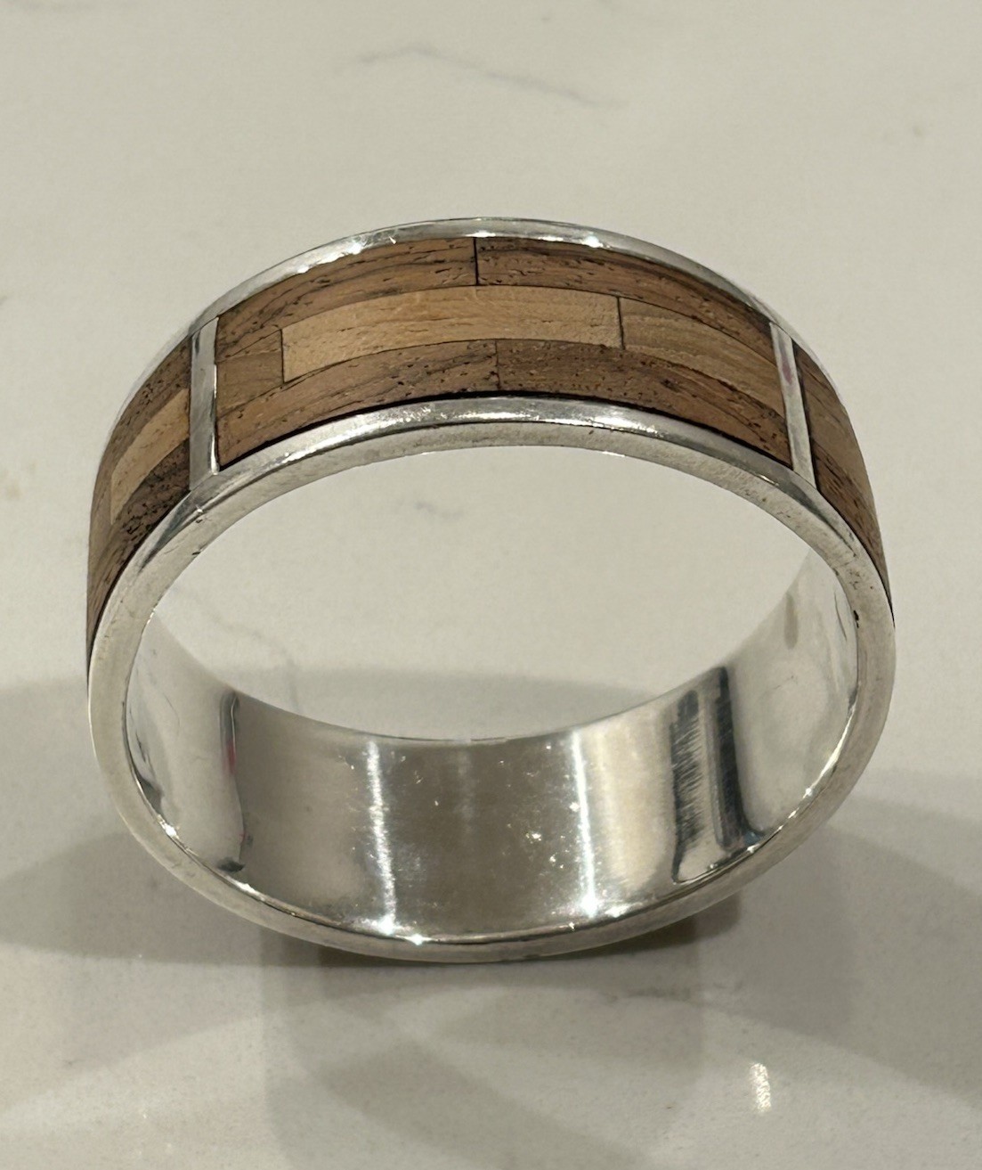 Sterling Silver Unique Heavy Bangle Bracelet Wood… - image 1
