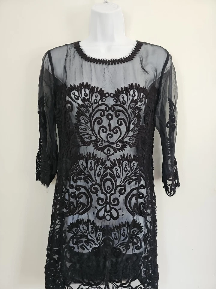 Yoana Baraschi Anthropology Silk Black Embroidered Tulle Shift Dress size 6 - Image 2 of 4