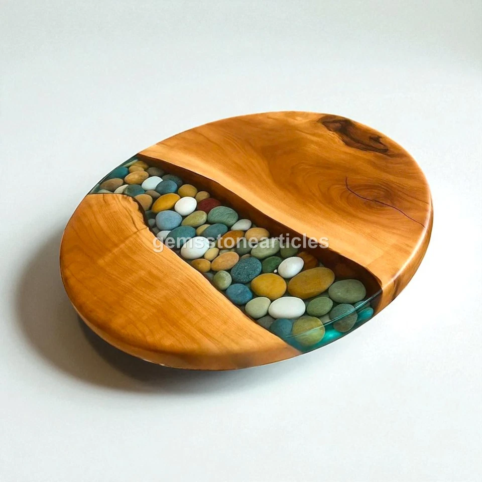 pebble epoxy coffee table top handmade natural wood resin round furniture art - Image 2 of 4