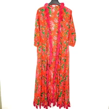 RHODE Women Lena Tassel Wrap Dress Robe Sz S Pink Red Floral  Maxi 3/4 Sleeve