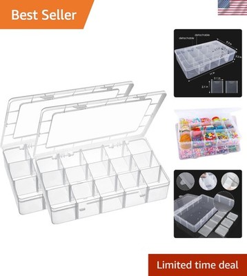 15-Grid Plastic Organizer Box, 2-Pack - Clear Compartment Storage for Crafts