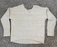 DKNY Sweater Womens Medium Cream Gold Cowl Neck Reversible Fuzzy Soft Crop Boxy