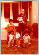 Vtg Color Snapshot Grandfather Holding Baby With Children Outside Home 1970s
