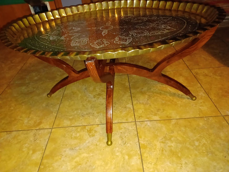 Mid Century Oval Brass Tea Tray Table Moroccan Coffee Table With Spider legs - Image 4 of 4