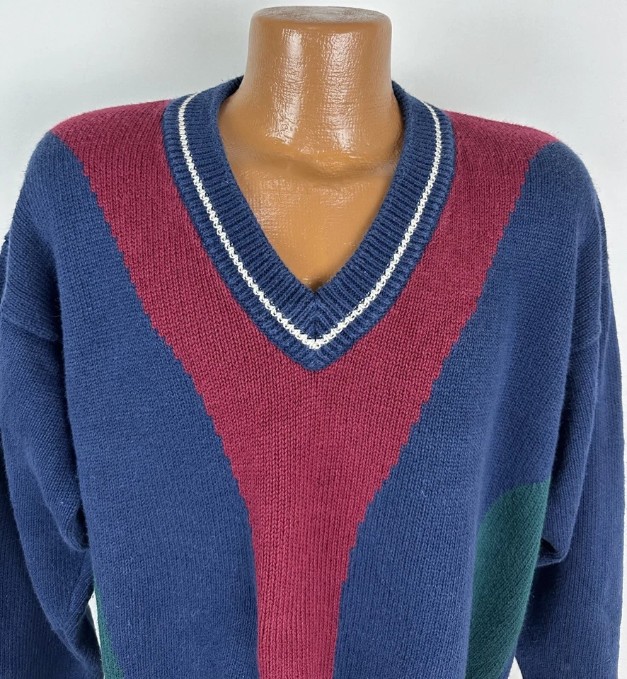 Vintage 90s Color Block Sweater Mens Large Navy Blue Burgundy Forest Green Golf  - Image 3 of 4