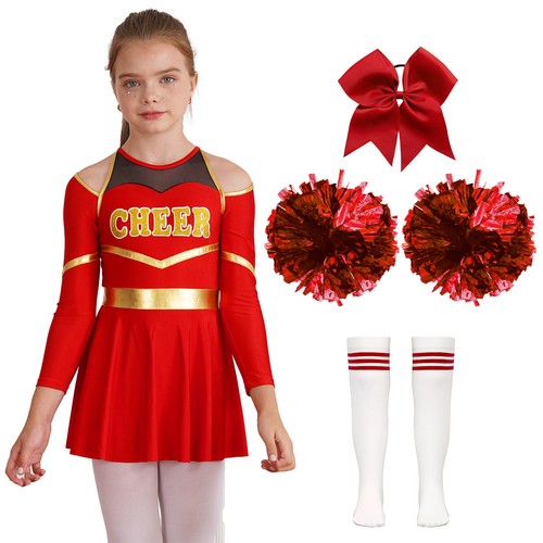 Kids Girls Cheerleading Costume Long Sleeve Dancing Dress Cheer Uniform Outfits - Picture 20 of 53