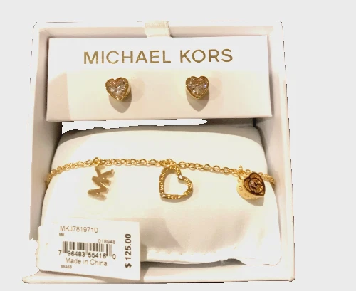 MICHAEL KORS Box Set Oro Slider Bracciale Cristallo Cuore Orecchini MKJ7819710 +SCATOLA