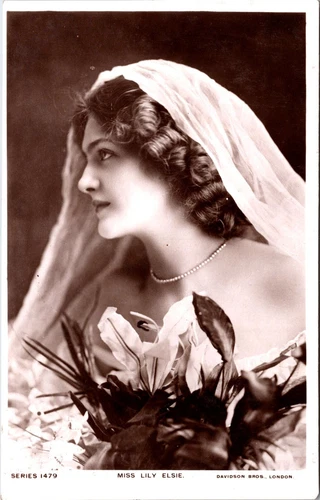 LILY ELSIE : PRETTY STAGE ACTRESS : VEILED : PHOTO BY DAVIDSON BROTHERS : RPPC - Picture 1 of 2
