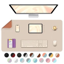 Large Desk Mat Double Sided 35.4x16.9" Beige Orange PU Leather Waterproof