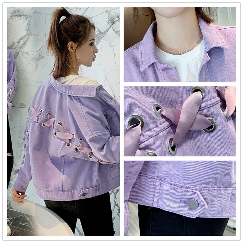 Women Denim Jacket Coat Blazer Lace Up Crop Top Harajuku Punk Loose Casual - Image 3 of 4