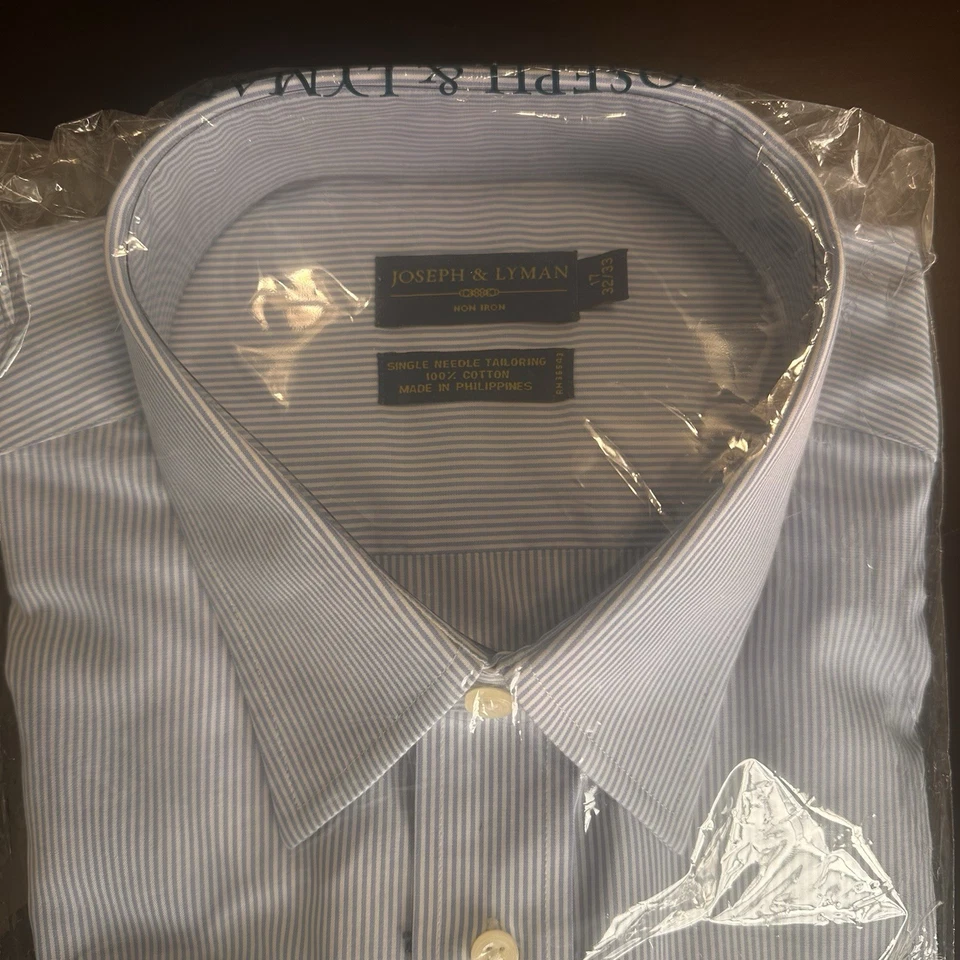 Camisa de Vestir Joseph & Lyman 17 32/33 Azul Blanco Rayas Algodón Sin Planchar Nueva con Etiquetas Foto 2 de 4