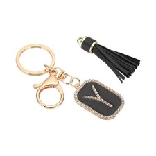 Initial Letter Keychain Cubic Crystal Keychain with Tassel Letter Y Black/Gold
