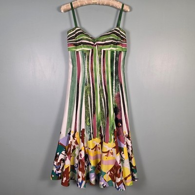 Suzi Chin for Maggy Boutique Abstract Stripe Fit Flare Dress Green Multi Size 6