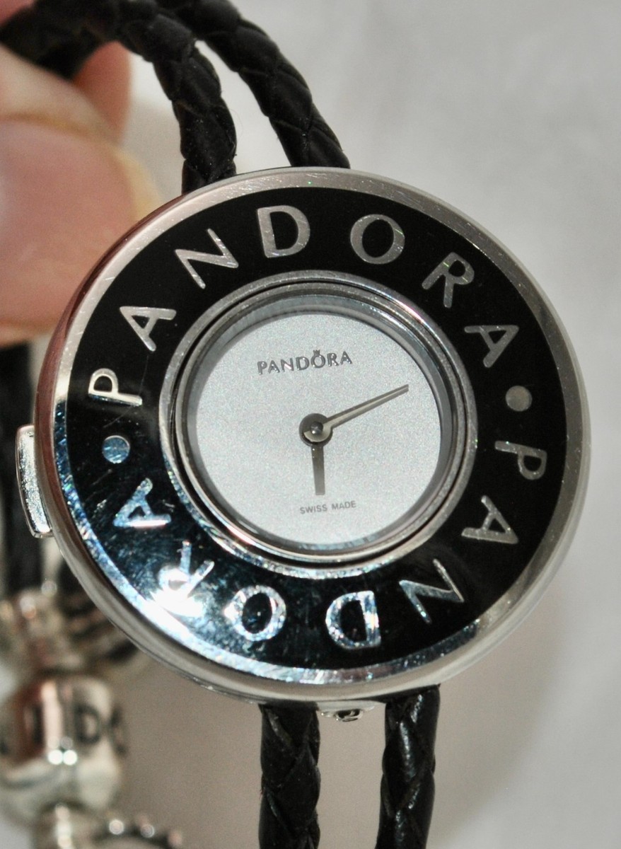 Pandora Embrace Black Diamond Crown Watch Leather Bracelet w/Charms 811039LS