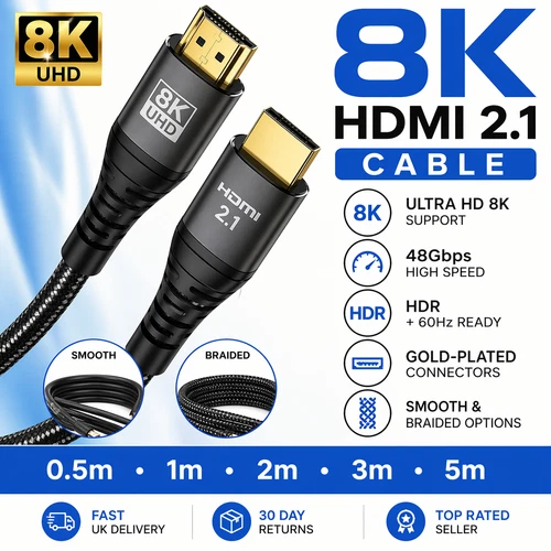 8K HDMI 2.1 Cable 48Gbps Ultra HD HDR PS5 Xbox 0.5m–5m