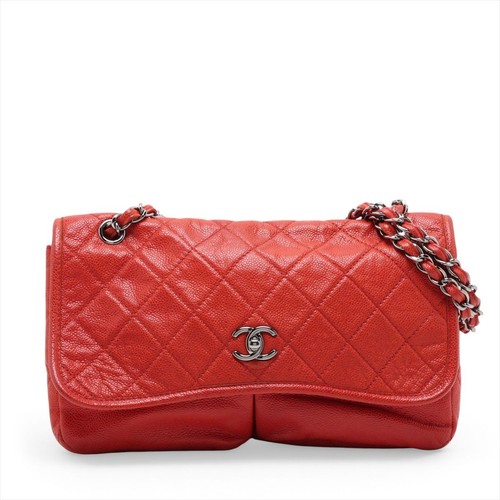 Used CHANEL Matelasse Caviar Skin Single Flap Double Chain Bag Red Silver Hardwa